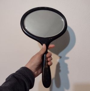 Victorian Black Wooden hand mirror beveled glass
